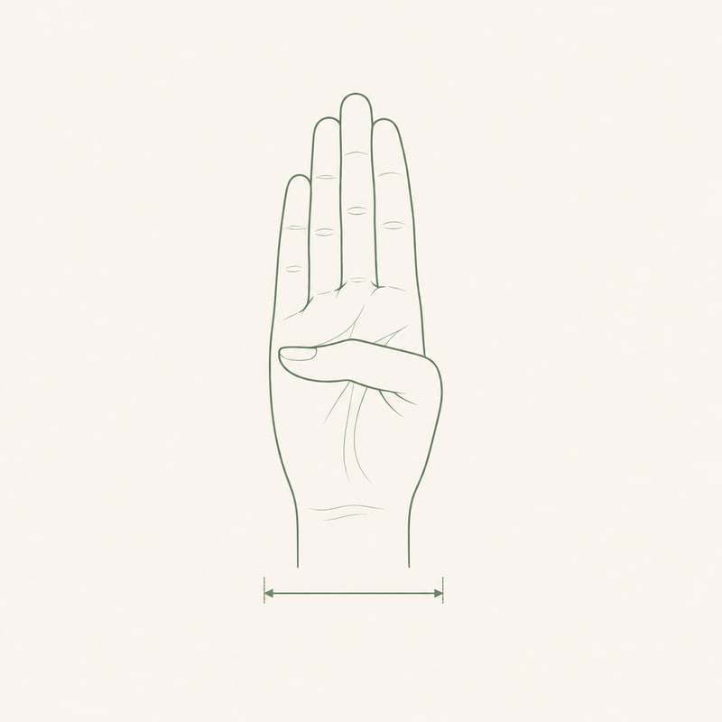 A hand held flat with the thumb folded across the palm, and a line beneath marking the widest point the bangle must pass over.