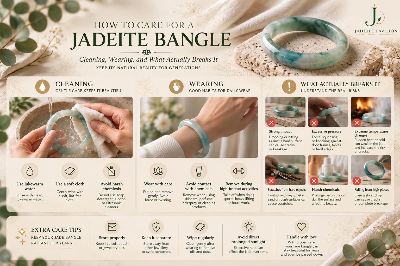 Infographic titled How to Care for a Jadeite Bangle, divided into three panels: cleaning the bangle in warm soapy water, wearing it for daily use, and what actually breaks it, showing strong impact, excessive pressure and sudden temperature change.