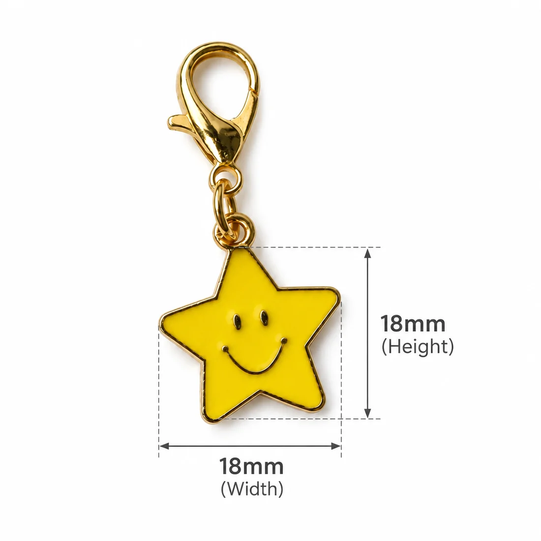 A yellow enamel star charm with a smiling face, with dimension lines marking 18 mm wide and 18 mm high.