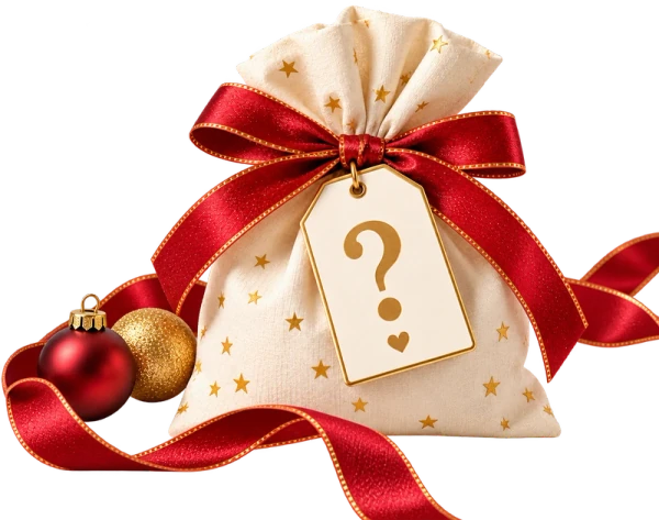 A wrapped cream gift bag with a red ribbon and a gold tag carrying a question mark, standing for the jadeite gift chosen by hand for each order.